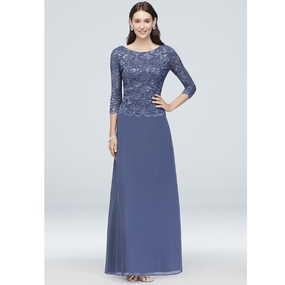 Lace and Chiffon A-Line Dress with Sheer Sleeves